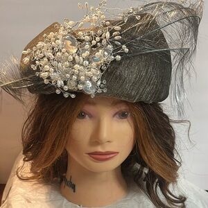 Mr. D Gray Beret Hat with Flower Rhinestones and Feather Trim